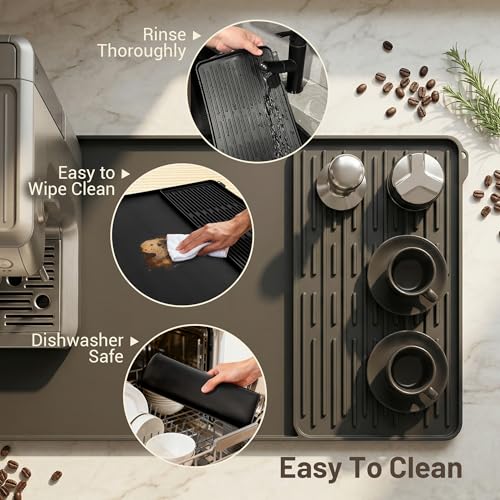 Image of Silicone Coffee Mat for Countertop, 24x16 inch Heat Resistant Espresso Machine Mat, Non-Slip Coffee Bar Mat with Detachable Drying Area and Raised Edge, Waterproof Station Pad - Black