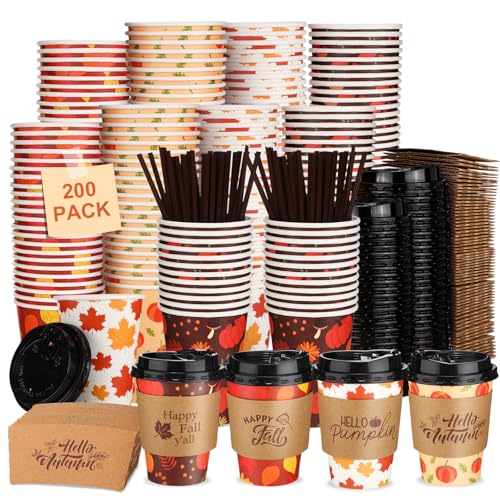 Jingmore 200 Pack 12 oz Fall Disposable Coffee Cups with Lids Sleeves Sticks Autumn Pumpkin Orange Fall Paper Coffee Cups for Drinking Thanksgiving Party Supplies Water Juice Home Restaurant Store