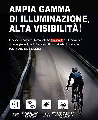 TOWILD DLite1200 Luz Bicicleta,1200 Lumen Luces Delantera Luces Largas y Cortas Doble Fuente de Faro para Bicicleta, 4000mAh Recargables de Ciclismo para MTB - imagen 8