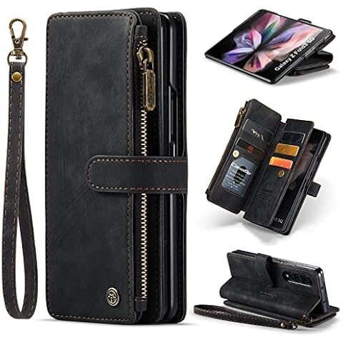 for Samsung-Galaxy-Z-Fold-3-5G Wallet Case w/Stand, PU Leather Flip Case with Soft TPU Back Cover, Magnetic Closure, Card/Cash-Slots, Zipper Pocket and Photo Frame (Black) Cover