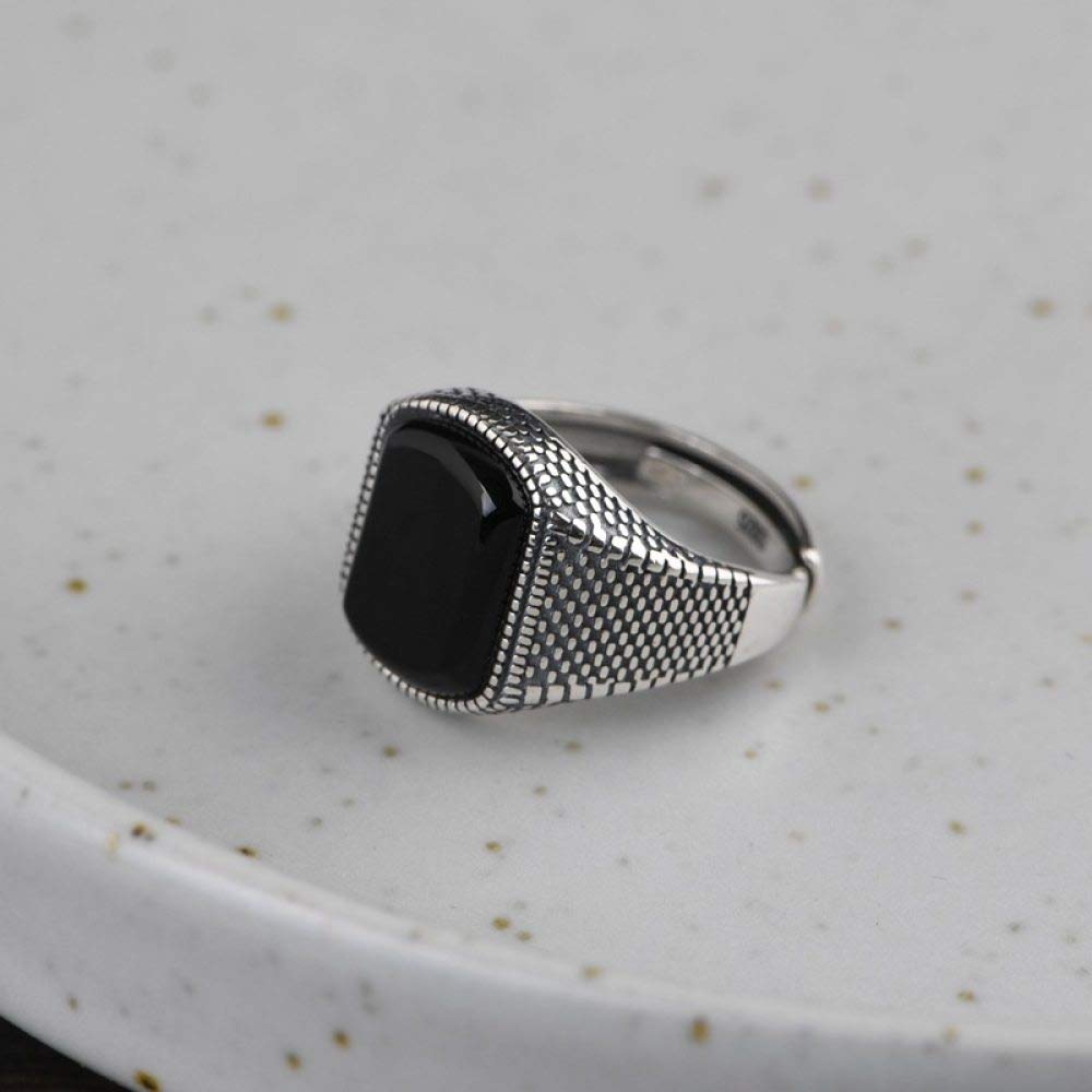 HGJH Silberringe Damen 925,925 Sterling Silber Großer Quadratischer Schwarzer Onyx Ring Natürliche Vintage Klobige Punk Verstellbare Ringe Edelstein Energie Charme Hochzeit Schmuck Geschenke Für Männ