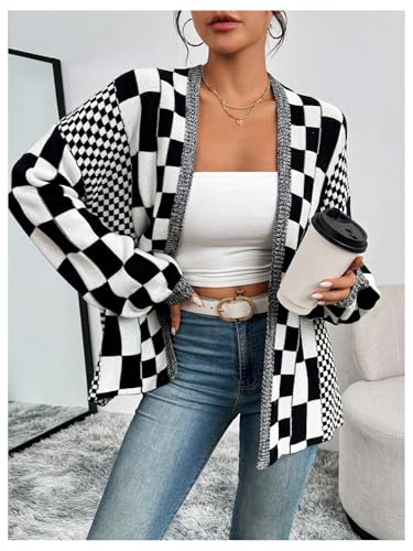 Image of MakeMeChic Women's Checkered Plaid Cardigan Sweater Long Sleeve Open Front Oversized Cardigans