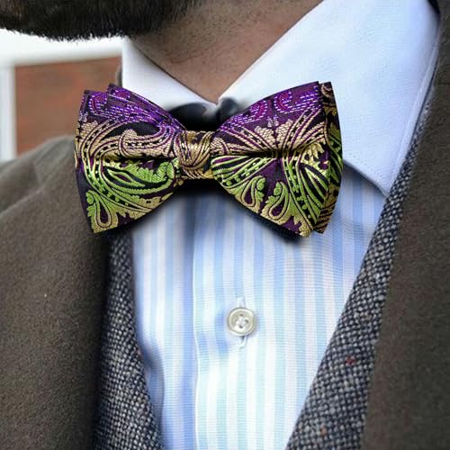 Image of Barry.Wang Paisley Striped Bow Tie for Men Silk Pre-Tied Bowtie Pocket Square Cufflinks Set Formal Wedding Party Prom