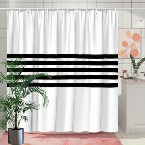 Rideau de douche imperméable à rayures noires et blanches en polyester anti-moisissure - 5
