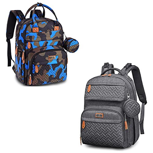 Diaper Bag Backpack, BabbleRoo Baby Nappy Changing Bags Multifunction Waterproof Travel Back Pack with Changing Pad & Stroller Straps & Pacifier Case, Unisex and Stylish(camo blue&dark gray)