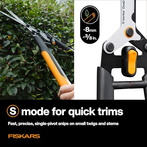 Image of Fiskars DualAction Hedge Shears, 2-in-1 Fast Trimming & PowerCut Hedge Trimmer, Precision-Ground Steel Blades for Clean Cuts, Shock-Absorbing Bumpers & SoftGrip Handles for Comfort