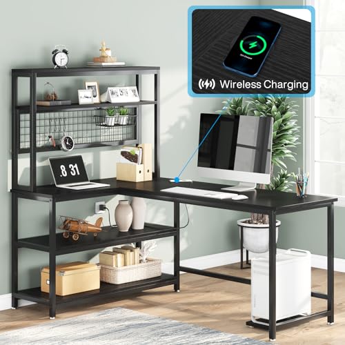 Tribesigns 55" Large Computer Desk with Wireless Charging 5 Storage Shelves, Office Desk Study Table Writing Desk Workstation with Hutch Bookshelf for Home Office (All Black)