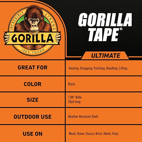 Image of Gorilla Ultimate Tape, High Tensile Cloth with Double-Thick Adhesive for Hauling, Strapping, Patching, Bundling, Lifting, 1.88 inch x 20yd, Black (Pack of 5)