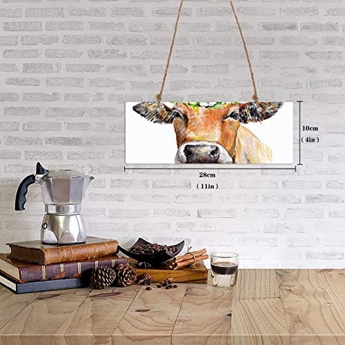 Printed Decorative Sign Hand Painted Brown Cattle With Flowers Wreath And Green Leaves Hanging Sign Wall Decor For Living Room Bedroom Bathroom,Home Decoration 3.9" X 11" #TOP4