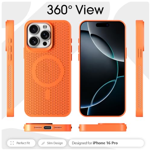 Image of Outlouders Back Cover for iPhone 16 Pro Max | Honeycomb Cooling Design | Silicone Heat Dissipation | Mag-Safe Compatible | Shockproof Camera Protection Bumper Case (Orange Mag-Safe)