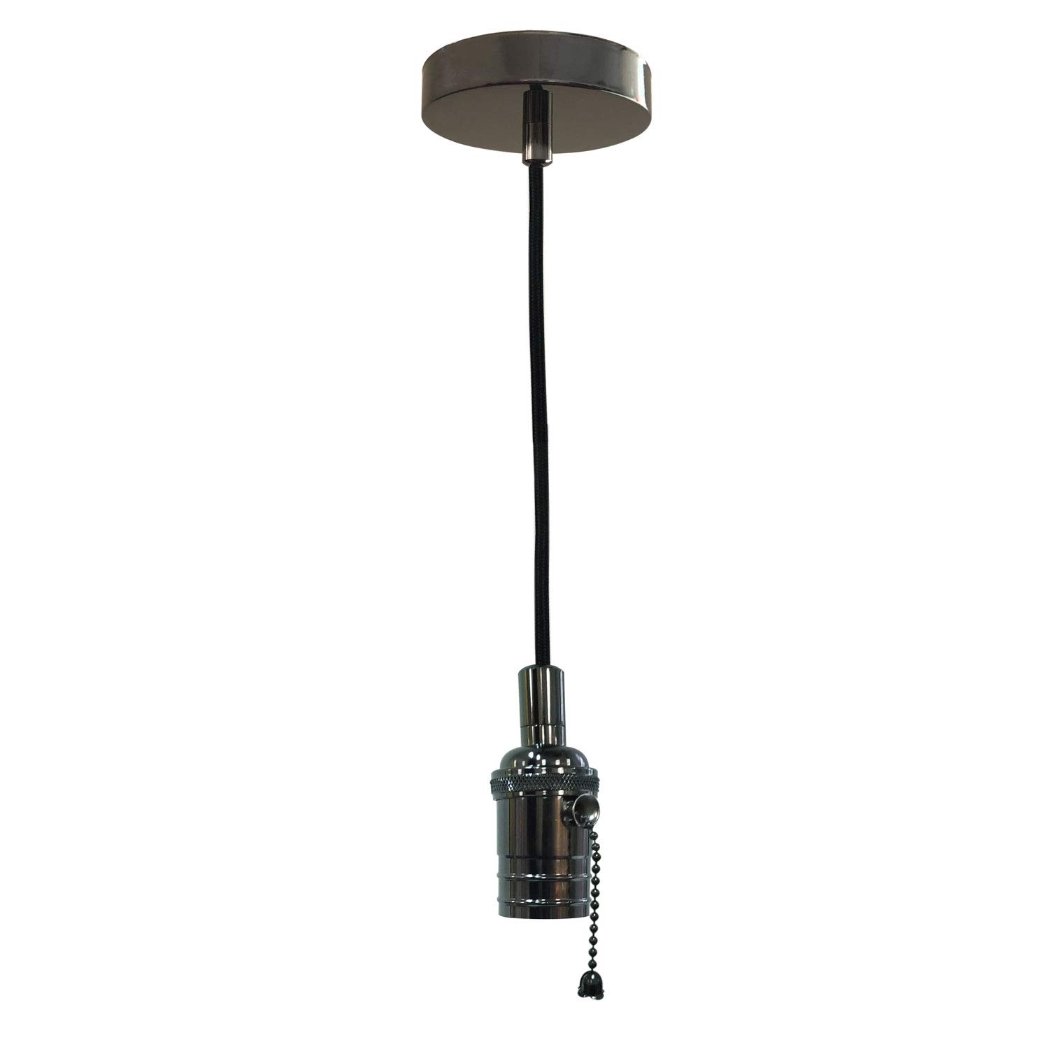 Royal Designs, Inc. Hanging Pendant Lighting, Vintage-Style Pull Chain Pendant Light Socket and Canopy, Gun Metal Gray with Black Rayon Fabric Cord