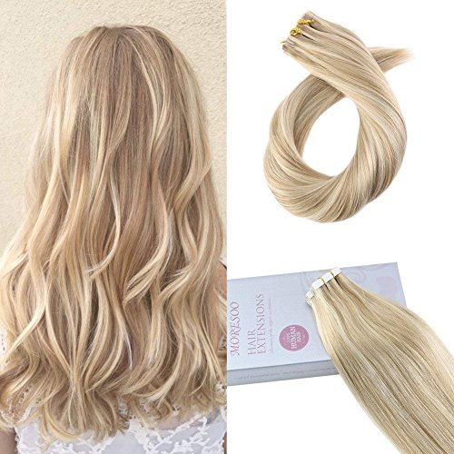 Moresoo 20 Inch Tape in Extensions Remy Human Hair Highlighted Honey Blonde #14 Highlighted with Bleach Blonde #613 Color 40pcs/100g Remy Human Hair Extensions Glue in Hair Full Head Set