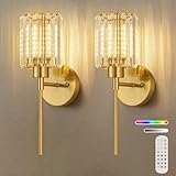 Crystal Battery Operated Wall Sconces, Brushed Gold Rechargeable Wireless Wall Sconce Lights with Dimmable Bulbs and Remote, 12 Colors and 3CCT Dimmable Crystal Lamps for Living Bedroom, 3000~6000K