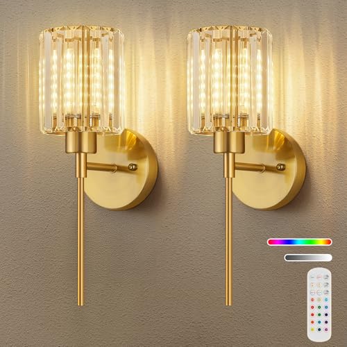 Crystal Battery Operated Wall Sconces, Brushed Gold Rechargeable Wireless Wall Sconce Lights with Dimmable Bulbs and Remote, 12 Colors and 3CCT Dimmable Crystal Lamps for Living Bedroom, 3000~6000K