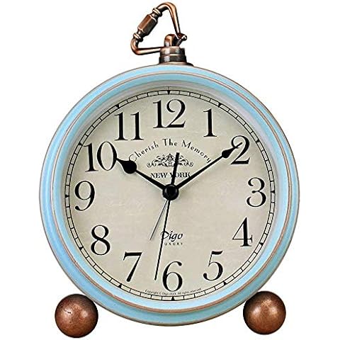 Saytay Classic Retro Clock, Blue Metal European Style Vintage Silent Table Desk Alarm Clock Non Ticking Quartz Movement Battery Operated, HD Glass Lens, Easy to Read (Arabic) Cover