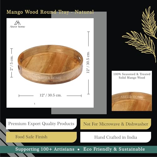 Image of Premium Wooden Round Tray, Wooden Tray, Serving Tray, Kitchen Tray, Decorative Tray,Wooden Serving Tray(12x12x2 Inch)