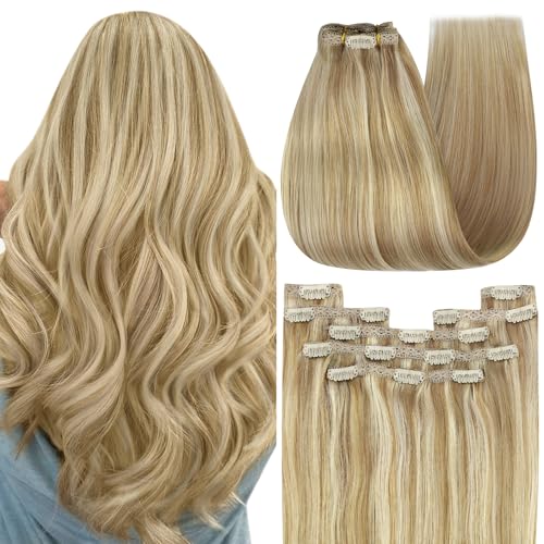 Image of YoungSee Blonde Clip in Hair Extensions Honey Blonde Highlights Human Hair Clip in Extensions Strawberry Blond Clips in Human Hair Extensions for Woman 12inch 85g
