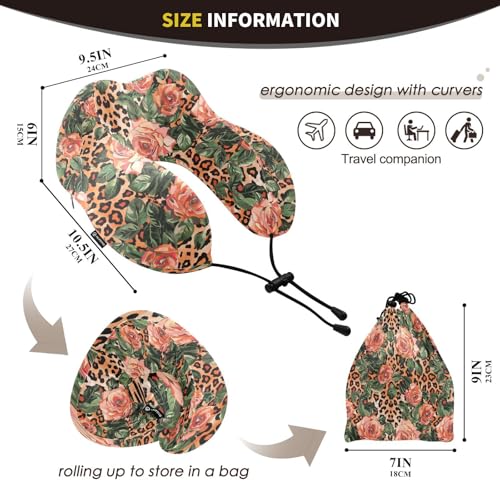 Image of ALAZA Leopard Spots Roses Travel Neck Pillow Memory Foam Neck Pillow with Storage Bag,Soft Travel Pillow for Sleeping Travel Airplane Car Office Home