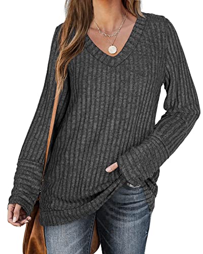 PLOKNRD Pull décontracté à manches longues et col en V pour femme, gris foncé, L