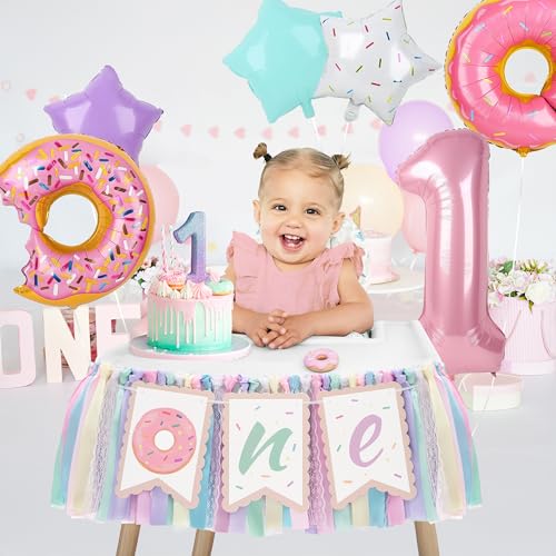 Image of Kriyokiaa Donut Highchair Banner 1st Birthday Girl Sweet One Birthday Party Decorations Rainbow High Chair Banner Photo Background