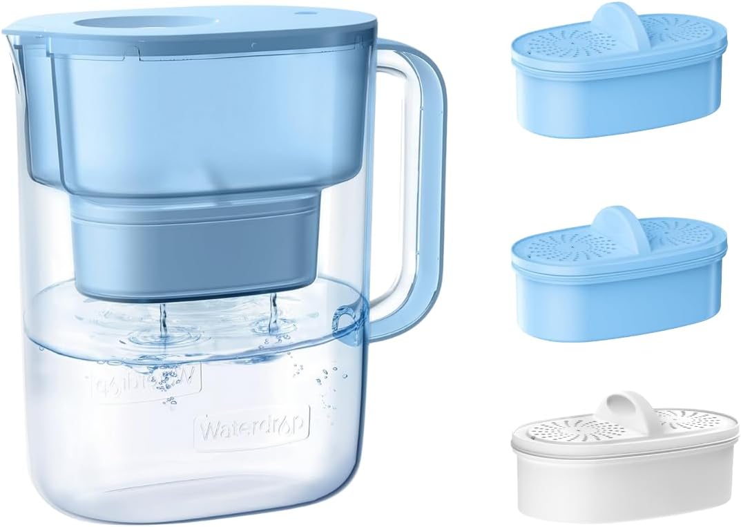 Waterdrop 200-Gallon Long-Life Water Filter Pitcher, NSF Certified, Reduces PFOA/PFOS, Chlorine, 10-Cup, Azure, with 1 Filter & 2 Alkaline Filters