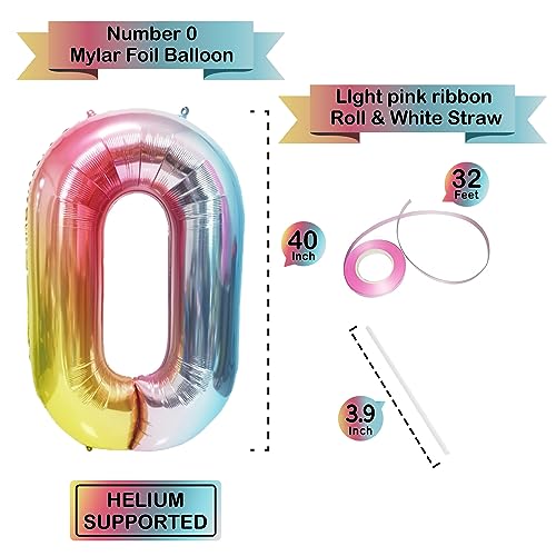 Image of 40 Inch Giant Rainbow Number 0 Balloons, Birthday Balloons, Helium Mylar Foil Big Number Balloons for Birthday Party Decorations, Kids' Birthday Anniversary Party Baby Shower Unicorn Parties