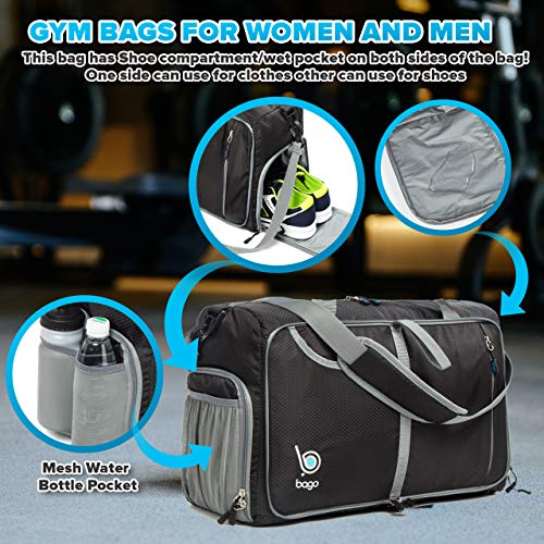 bago Gym Bags for Women and Men - Small Packable Sports Duffle Bag for Women with Shoe Compartment and Wet Pocket (40 Liter Black)