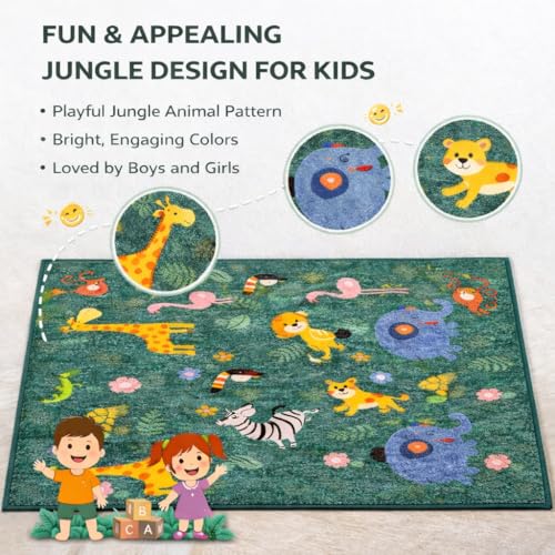 Image of Matz&More Kids Play Area Rug | 100x150 cm | Green Jungle Animal Design| Soft Nylon Loop Pile Carpet with Anti-Slip Backing | Children's Play, Bed & Classroom Floorings