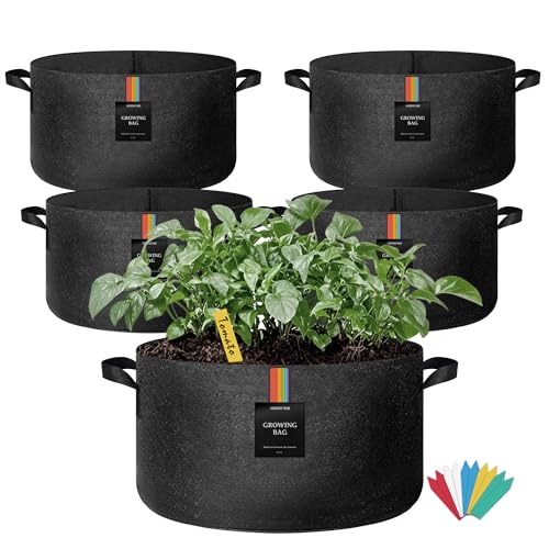The Growing 5 Pack 15 Gallon Fabric Grow Bags，Thickened Aeration Nonwoven Fabric Plant Pots with Durable Handles,Heavy Duty 300G Planter Pot for Tomato, Fruits, Vegetables and Flowers, Black
