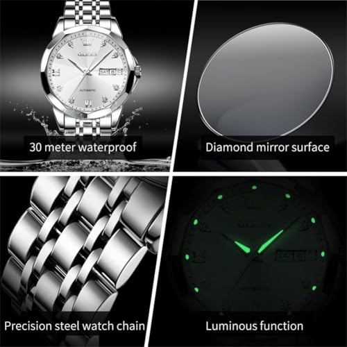 Image of OLEVS Watch for Men Automatic Classic Mechanical Watch Diamond Mirror Stainless Steel Dress Casual Waterproof Day /Date Calendar
