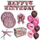 Havercamp Pink Camo Birthday Party Decorations! Deluxe Hunting Camo Set includes 1Lg. Banner, 2 Paper Lanterns, 12 Buck Balloons, 24 Straws, Gift wrap and pull bows