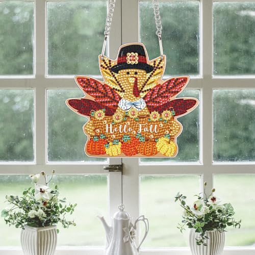 Image of DIY Diamond Painting Hello Fall Hanging Sign - Maple Leaf Door Hanger with Pumpkins, Fall Leaves, Autumn Thanksgiving Wall Window Decor Craft Kit for Porch Farmhouse