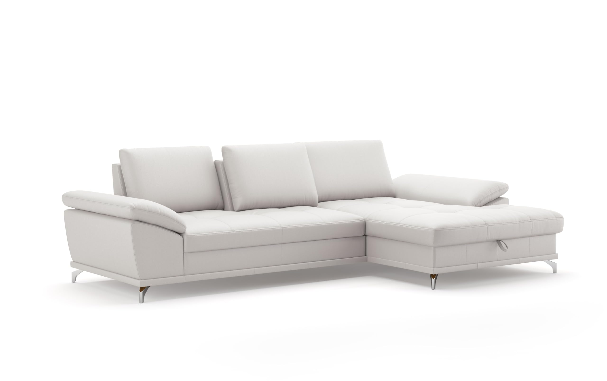 CAVADORE Castiel Canapé d'angle à Ressorts avec Grande Chaise Longue, réglage de la Profondeur d'assise, appuie-têtes et Pieds en métal Noir Mat, 301 x 89-114 x 176 cm, en Cuir véritable, Blanc