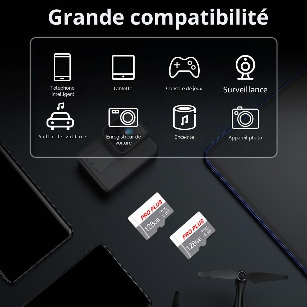 Lot de 2 Carte Mémoire 128 Go avec Adaptateur, Carte Mémoire TF Haute Vitesse, UHS-I, A1, C10, Carte TF pour Tablette/Téléphone/Appareil Photo/Autoradio/Enregistreur de Conduite (TF183 128 Go)