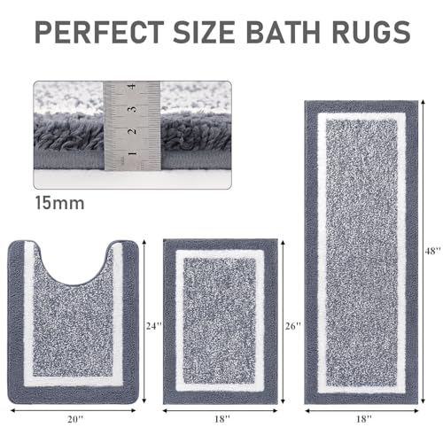 Pauwer Bathroom Rug Mat Set 3 Piece, Microfiber Shaggy Bath Set, Non-Slip Ultra Soft Carpet Mats, Absorbent with U-Shaped Toilet for Bathroom, Tub, Shower, Dark Grey