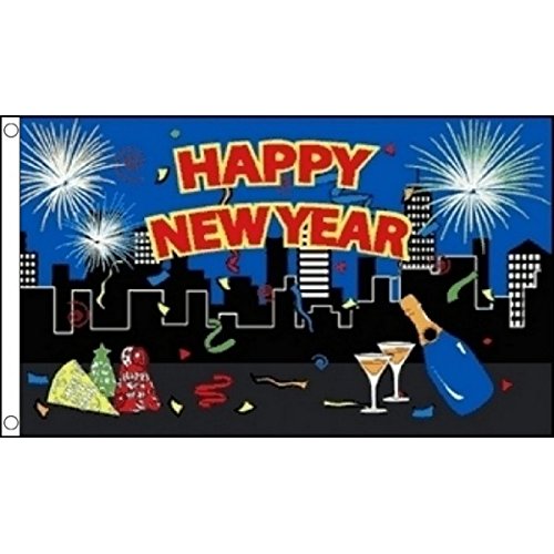 5ft x 3ft (150 x 90 cm) Happy New Year City Fireworks Celebration 100% Polyester Material Flag Banner Ideal For Pub Club School Festival Business Party Decoration