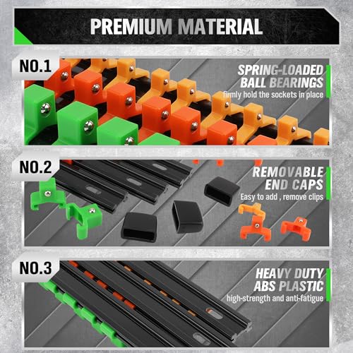 Image of SWANLAKE Organizer Socket Holder, 9PCS 1 /4-Inch x 48 Clips, 3 /8-Inch x 45 Clips, 1 /2-Inch x 36 Clips, Premium Quality Socket Clip Rail Holder
