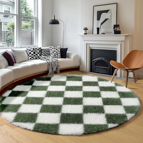 Image of KICMOR Round Rug 4ft Olive Green and White Circle Area Rug, Fluffy Soft Fuzzy Shag Shaggy Bedroom Living Room Carpet, Indoor Checkered Circular Rugs for Kids Boys Girls Home Decor Aesthetic, Nursery