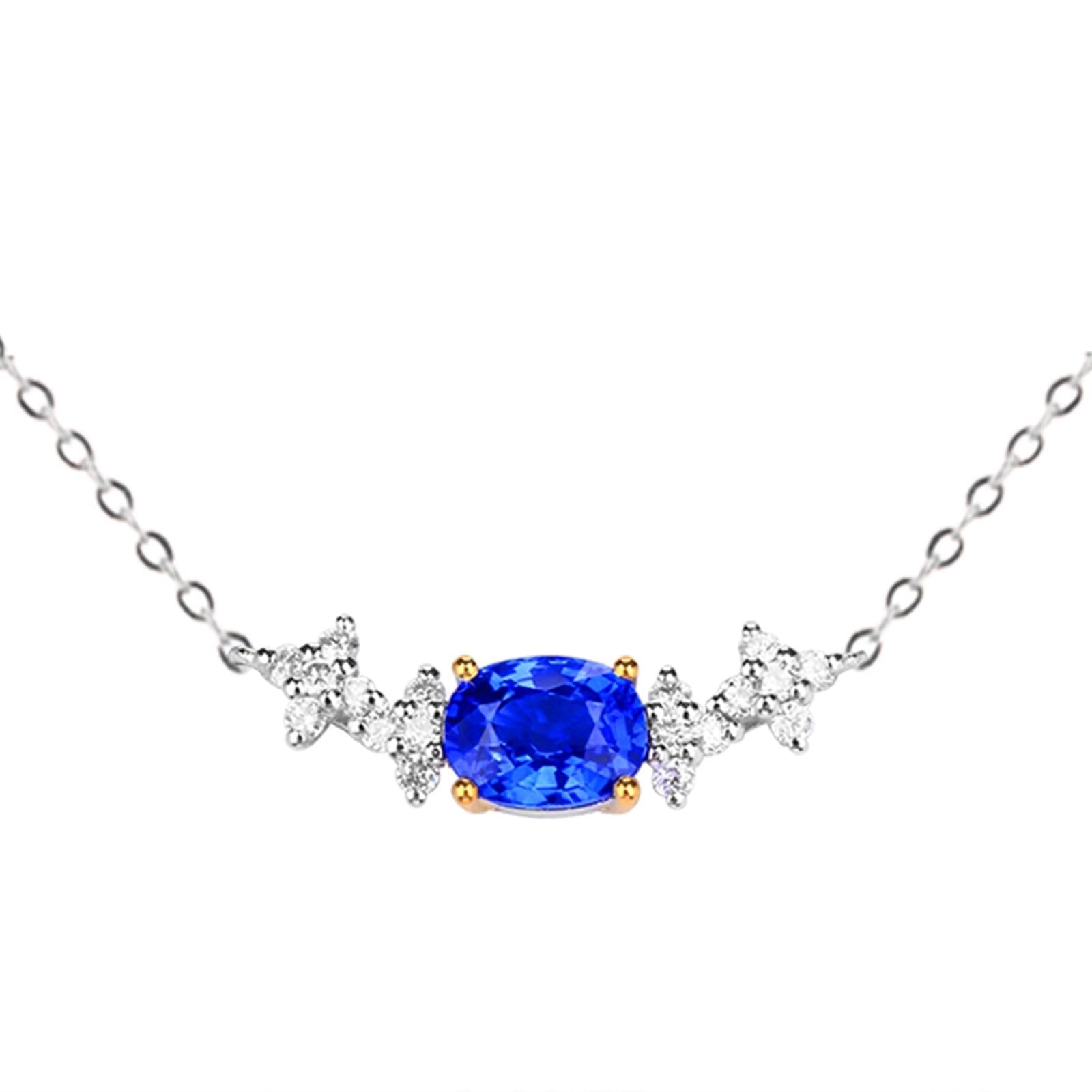 Collane Donna Oro Bianco e Giallo Vera, Collana per Fidanzati Donna con Zaffiro Sintetico 1.1 Carati e Diamante Sintetico, Gioielli con Pietra del Mese di Nascita