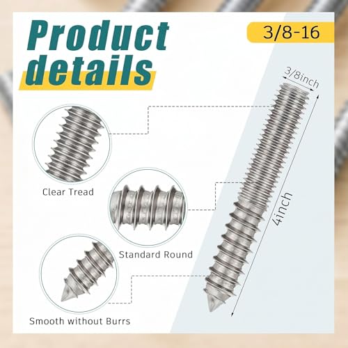 Image of Hicarer 20 Pack 3 /8-16 x 4 Inch Hanger Bolts Double Headed Bolts with Driver Self Tapping Screw Threaded Rod Screws for Furniture Double Headed for Wood Furniture Joint