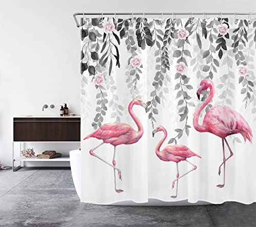 LB Pink Flamingo Shower Curtain Grey Leaf Rose Flower Shower Curtains for Bathroom Nature Plant Tropical Bird Polyester Anti Mould Waterproof Bath Curtain Set including Hooks,71x71 inches - Image 2