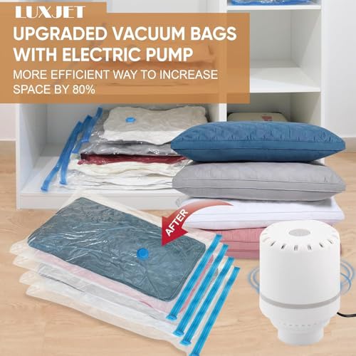 Image of LUXJET 6 Medium Vacuum Bags for Travel with Electric Pump and Hand Pump - Airtight, Reusable Space Saver Compression Storage Bags for Packing,Vaccine Sealer Bags with Ziplock for Blanket