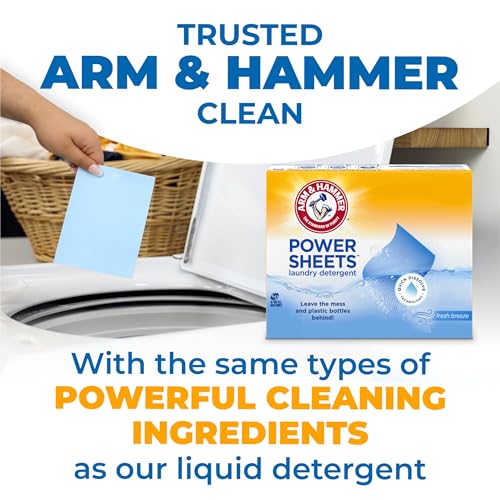 Image of ARM & HAMMER Power Sheets Laundry Detergent, Fresh Breeze Scent, Dissolves in All Wash Temps, Lightweight and Travel-Ready, 60ct, Up to 120 Small Loads