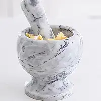 Pilão de Pedra Mármore com Socador para Moer Ervas Tempero Especiarias Alho Pimenta Cozinha Gourmet Durável Fácil de Limpar (Branco)