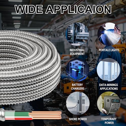 Image of 8 /3 Metal Clad (MC) Cable with Ground 200ft, 8 Gauge Electric Wire with Aluminum Armor, Solid Bare Copper Conductors for Indoor Outdoor Underground Embedded Installation (8 /3, 200 FT)