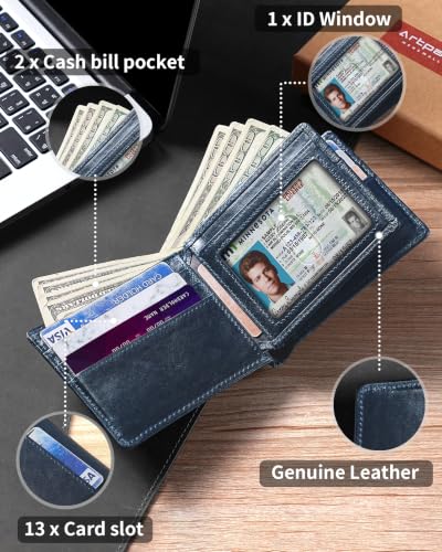 Image of Artpaxy Mens Wallet Bifold Genuine Leather RFID Blocking Wallet for Men with 1 ID Window 13 Card Holders 2 cash pockets 1 Gift Box