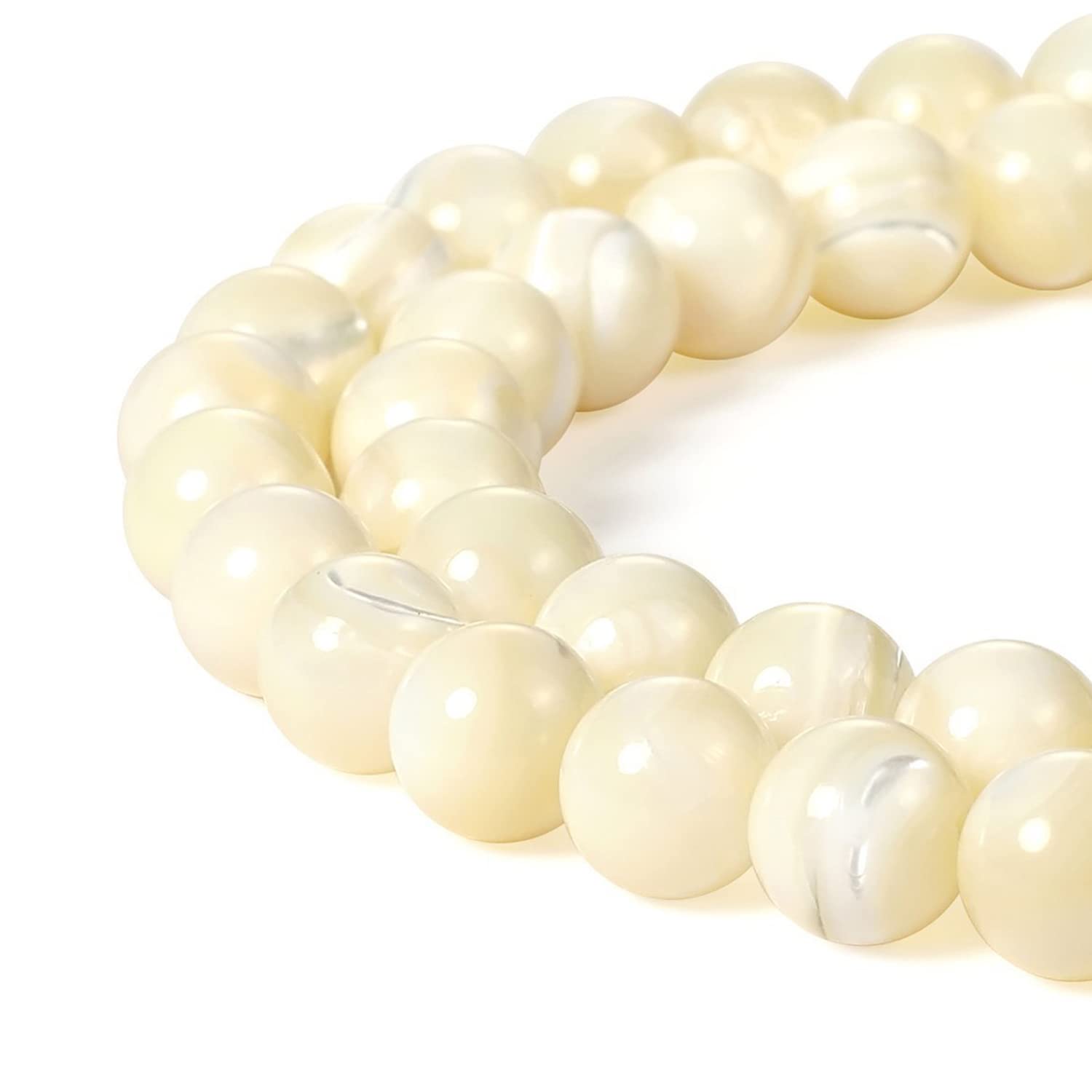 BEADNOVA Natural White Mother of Pearl Shell Beads Natural Crystal Beads Stone Gemstone Round Loose Energy Healing with Crystal Stretch Cord for Jewelry Making (10mm, 36-38pcs)
