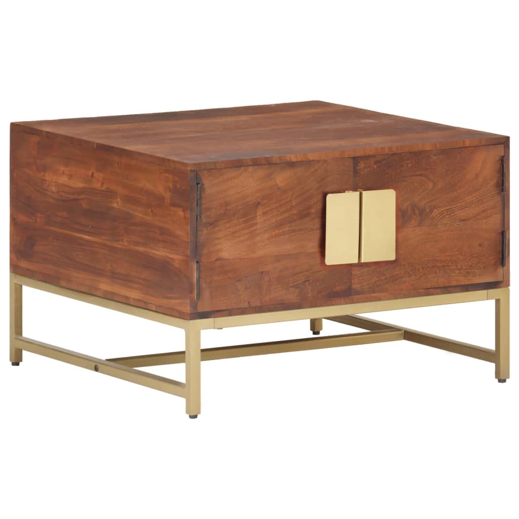 Table basse en bois d'acacia massif 67x67 cm avec compartiment et pieds en laiton