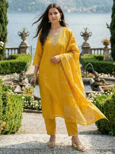 Image of INDO ERA Women's Silk Blend Embroidered Thread Work Kurta & Pant with Dupatta Set | Suit Set For Women