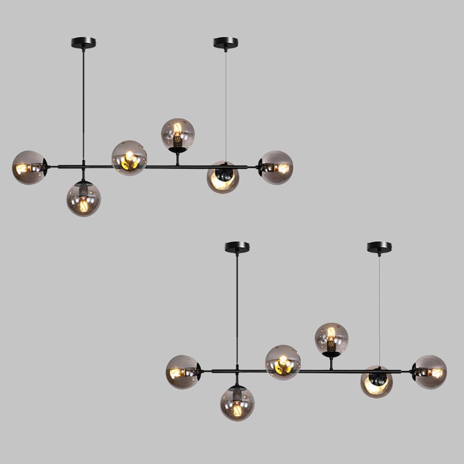 Moddeny Black + Smoky Gray 2 Pack 6 Light E27 Modern Chandelier Northern Europe Glass Ball Hanging Lights Industrial 130Cm Ceiling Pendant Lamps For Living Room Dining Room Art Decoration Restaurant (Black + Smoky Gray)